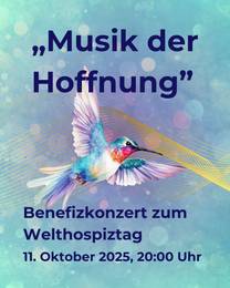 Plakat für das Benefizkonzert "Musik der Hoffnung" in hellen Farbtönen mit einem Kolibri