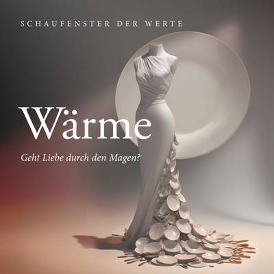 Ein weißes Ballkleid, an dessen Boden sich weiße Porzellanteller entfalten, dazu die Caption: Wärme