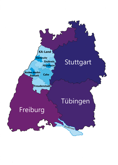 Quelle: Diakonisches Werk Karlsruhe Landkarte der Einsatzgebiete der Fachstelle Flüchlinge Karlsruhe des Diakonischen Werkes Karlsruhe in Baden-Württemberg